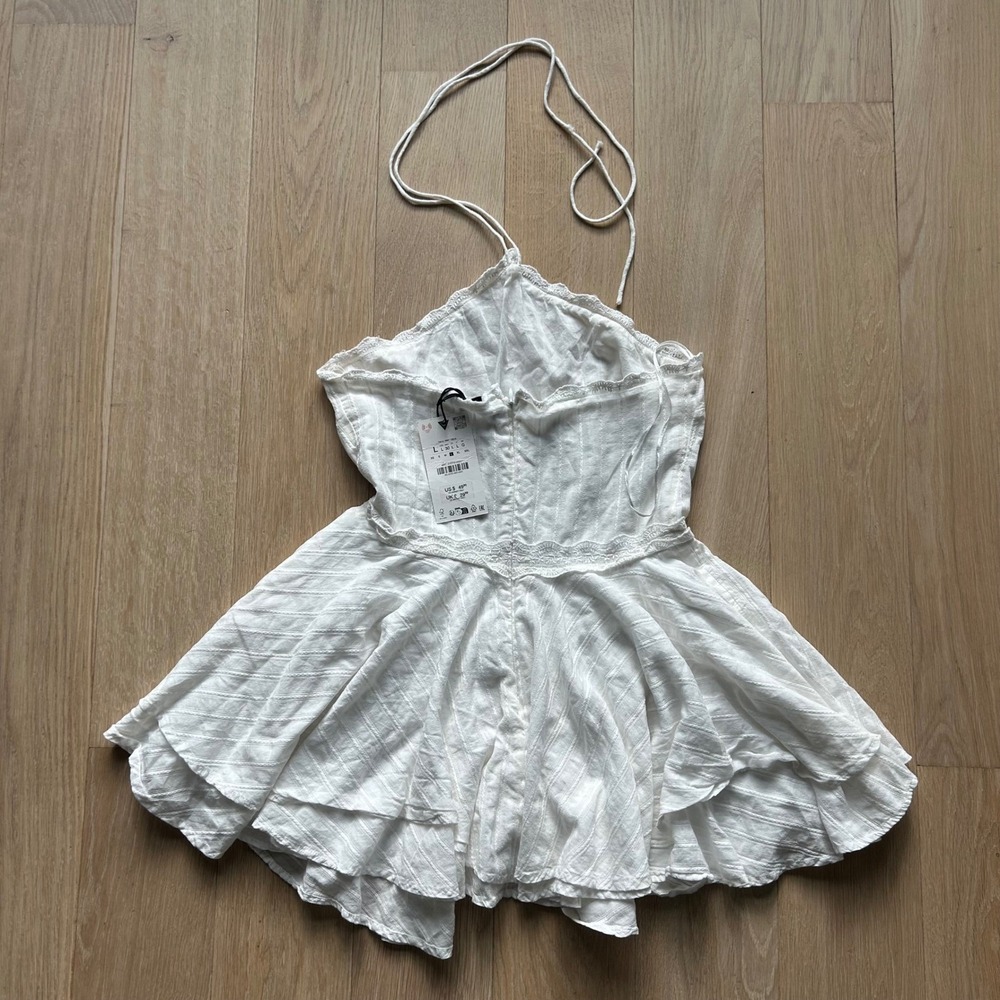 Zara Halter Large White Lace Ruffled Tiered Mini Dress Cottagecore Coquette Boho - Picture 3 of 9